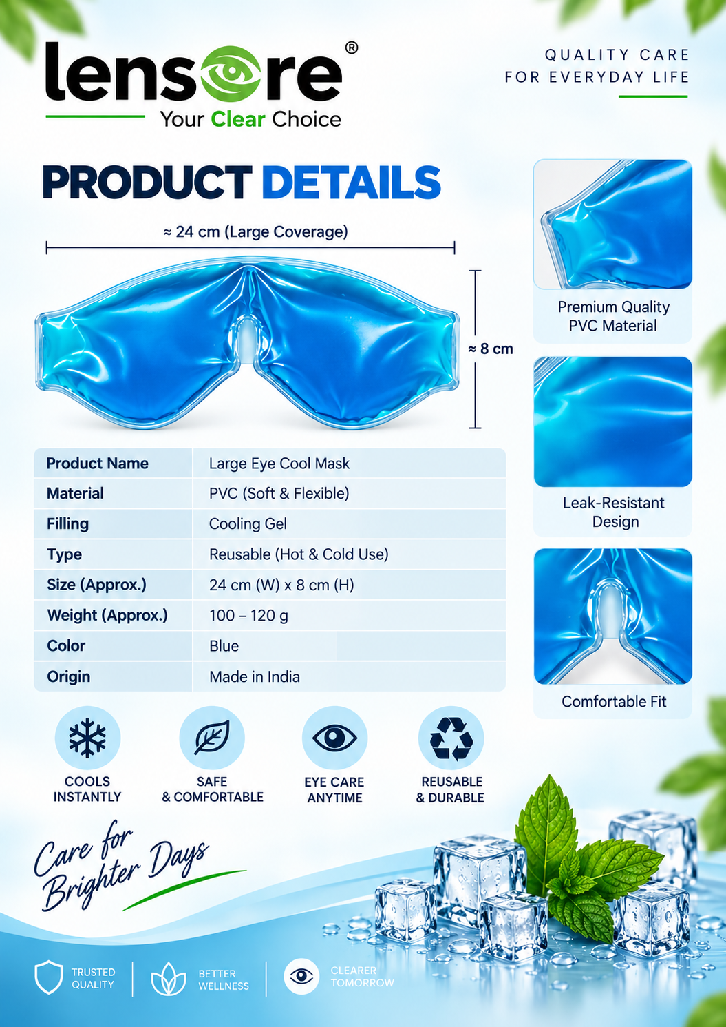 Reusable Lensore gel eye mask shown in a clean cooling-inspired setting